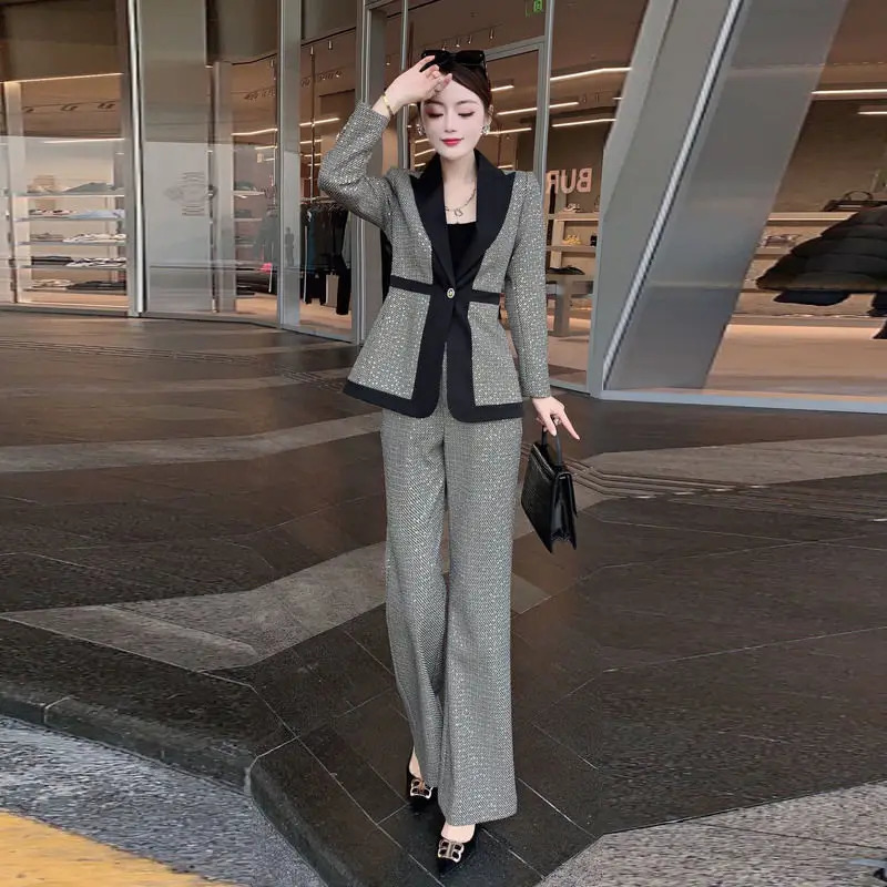 Women Blazers Long Wide Leg Pants 1 or Two Piece Set Korean Office Lady Graceful Slim Sequins Patchwork Suit Coat Trousers Sets 250106