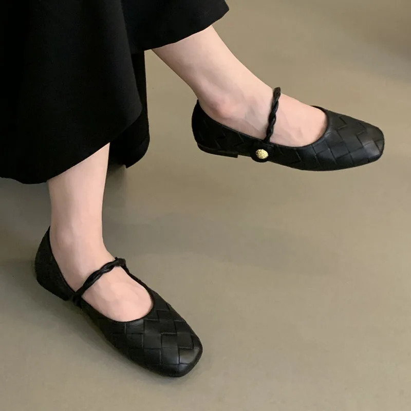 Mary Jane Women Shoes Comfortable Square Toe Small Heel Pumps Female Soft Ballet Flats Casual Loafers Lady Black Leather Shoes 250109