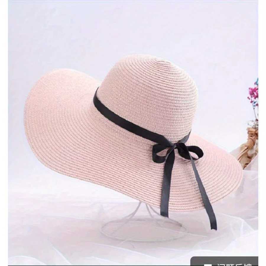 Summer Sunscreen Straw Big Brim Bow Ribbon Hat Solid Handmade Fishermans Hat Creative Dress up Travel Beach Clerk Bucket Hat X250109