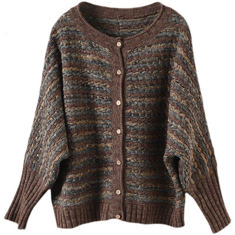 Johnature Women Vintage Striped Cardigan O-Neck Bat Sleeve Loose Autumn Coats 2024 New Cotton Knitted Sweaters