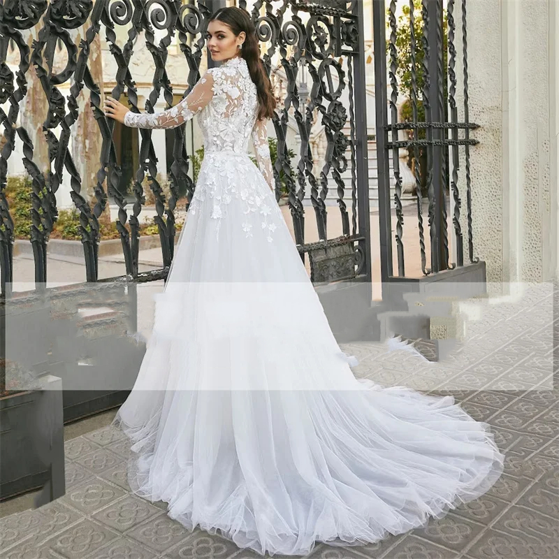 Floral Lace A-Line Wedding Dresses Long Sleeves High Neck Spring Bridal Gowns Court Train white Tulle Romantic Garden Bride Dress Custom Made 2025