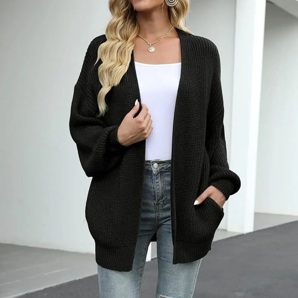 Women Autumn Winter Lantern Long Sleeve Cardigan Sweater Open Front Solid Color Mid-length Knitting Coat Streetwear 250106