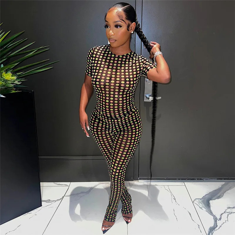 Two Piece Set Mesh Point Print Women Casual Shhort Sleeve Round Neck TshirtsHigh Waist Skinny Trousers Female Streetwear 250106