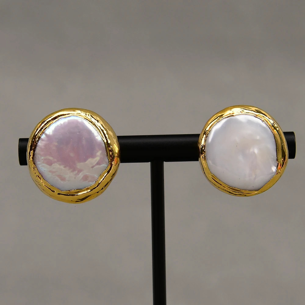 G-G Natural Culture White Coin Pearl Big Casey Pearl Stud Earrings Gold Plated Classic Earrings Wedding Jewelry Gifts 250109