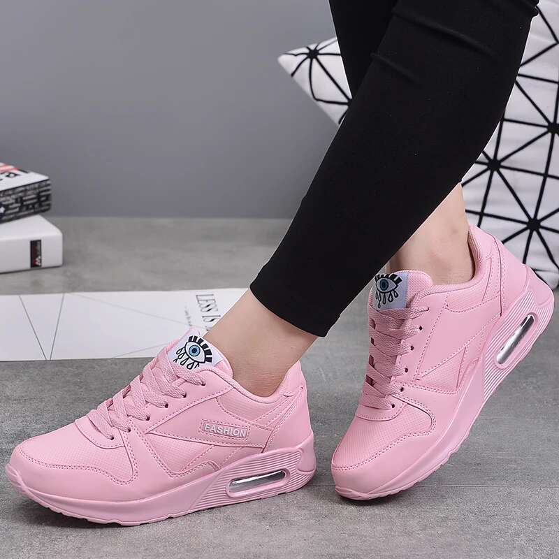 Women Fashion Sneakers Air Cushion Sp orts Pu Leather Blue White Pink Outdoor Wal king Jogging Shoes Female Trai ners
