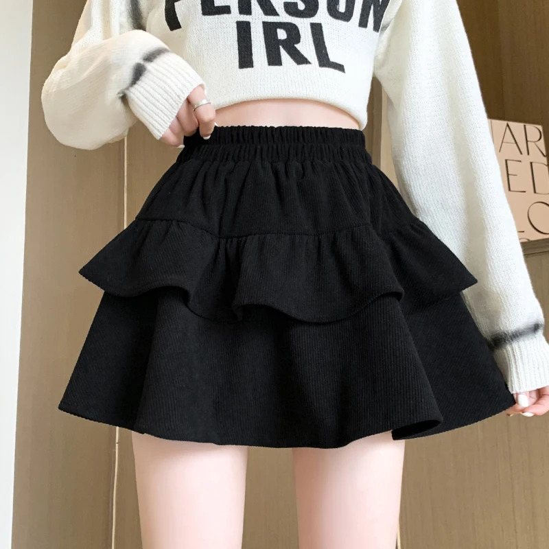 Y2K Corduroy Women Mini Skirts Korean Sweet Kawaii High Waist Female A Line Patchwork Folds Ruffles Ball Gown 250106