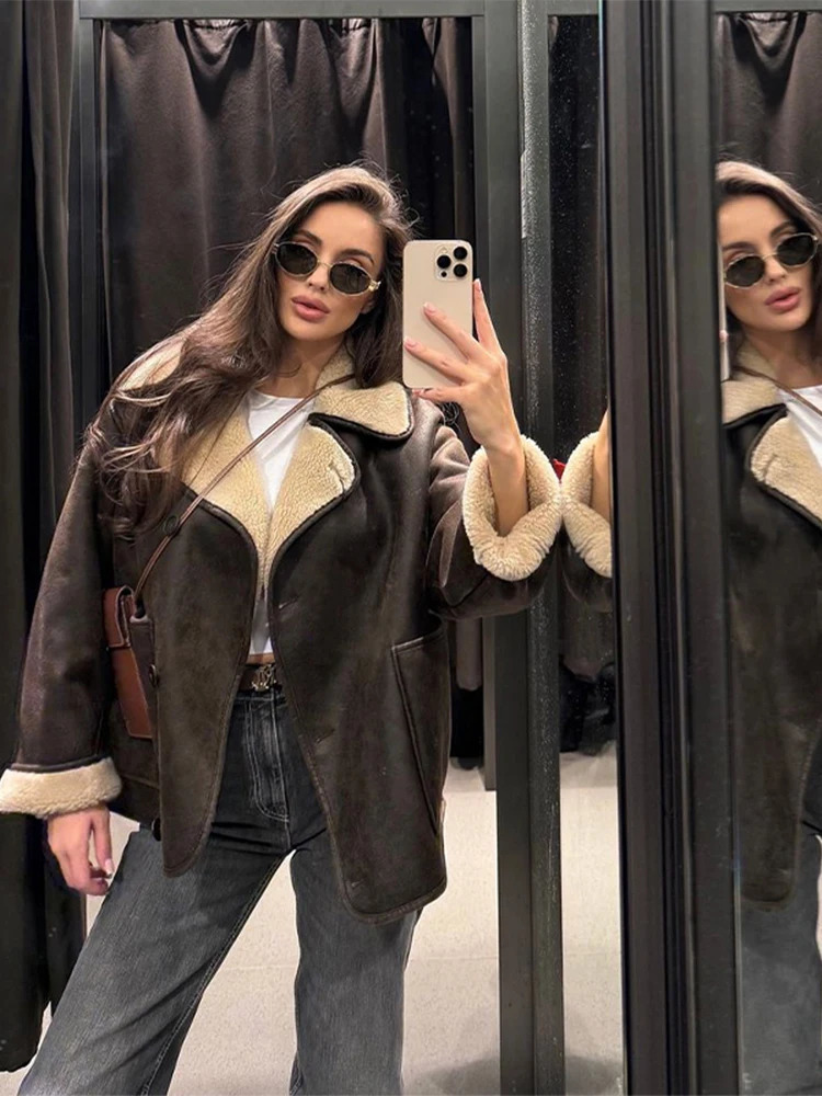 ZBZA Women Retro Faux Leather Jacket Solid Lapel Long Sleeve Single Breasted Pockets Padded Warm Outwear Fall Winter Chic Coat 250103