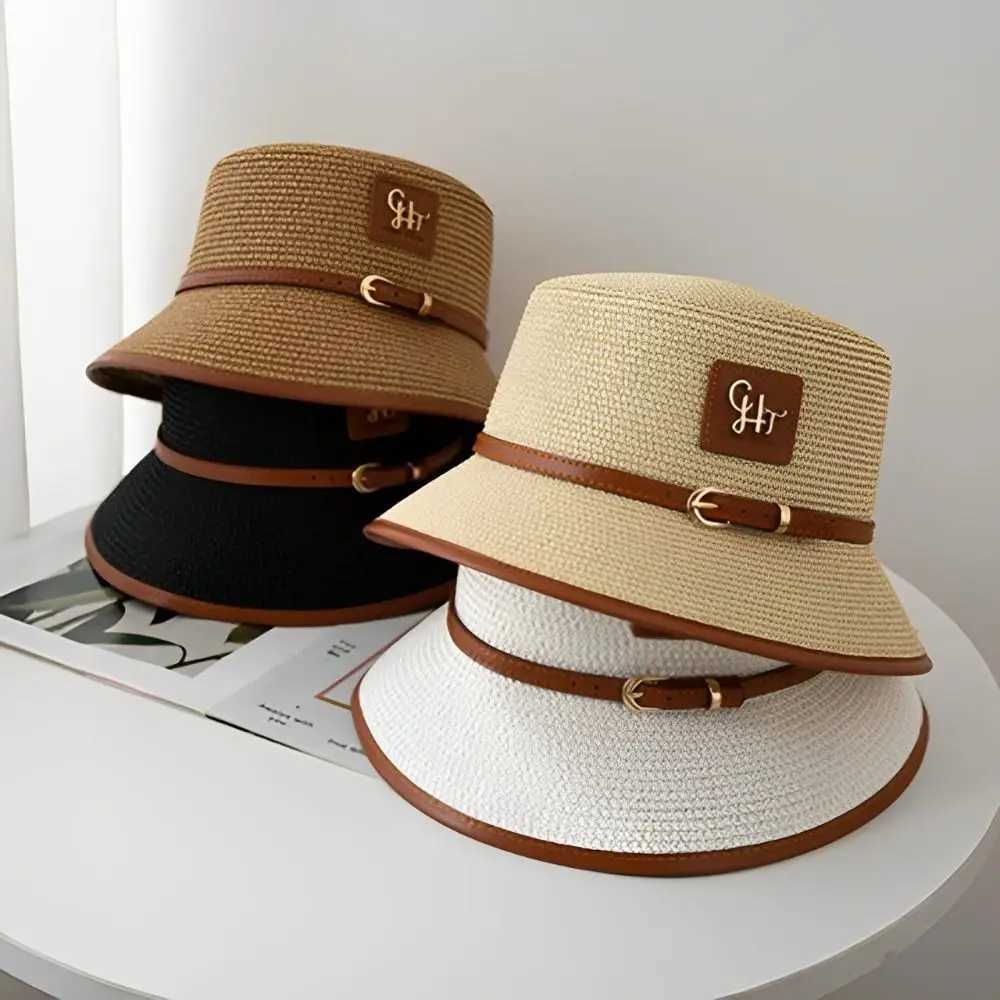 Flat top straw hat Versatile short Brim Net red strap small pot hat with edges adjustable DIY sun hat outdoor X250109