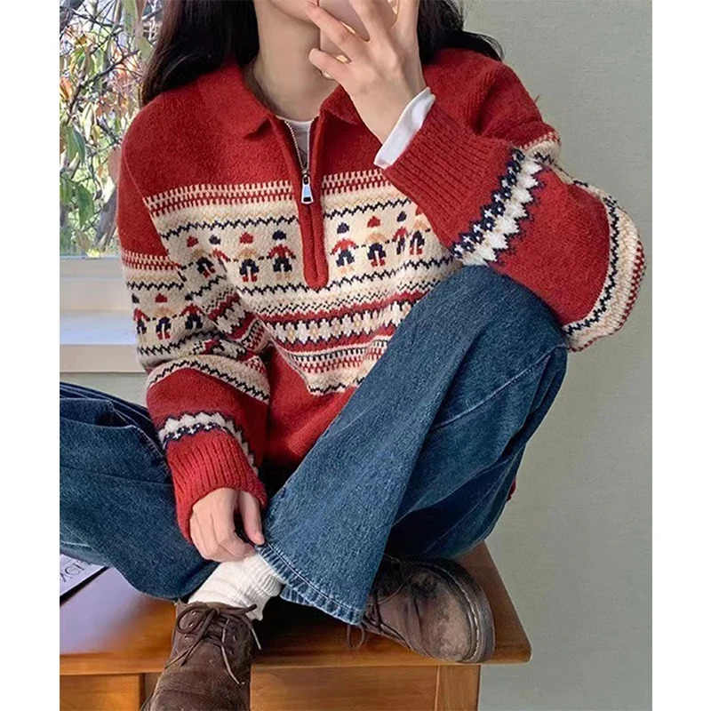Vintage Print Sweater Women Christmas Red Knitted Pullovers Korean Half Zipper Long Sleeve Knitwear Fall Winter Casual Jumpers 250108