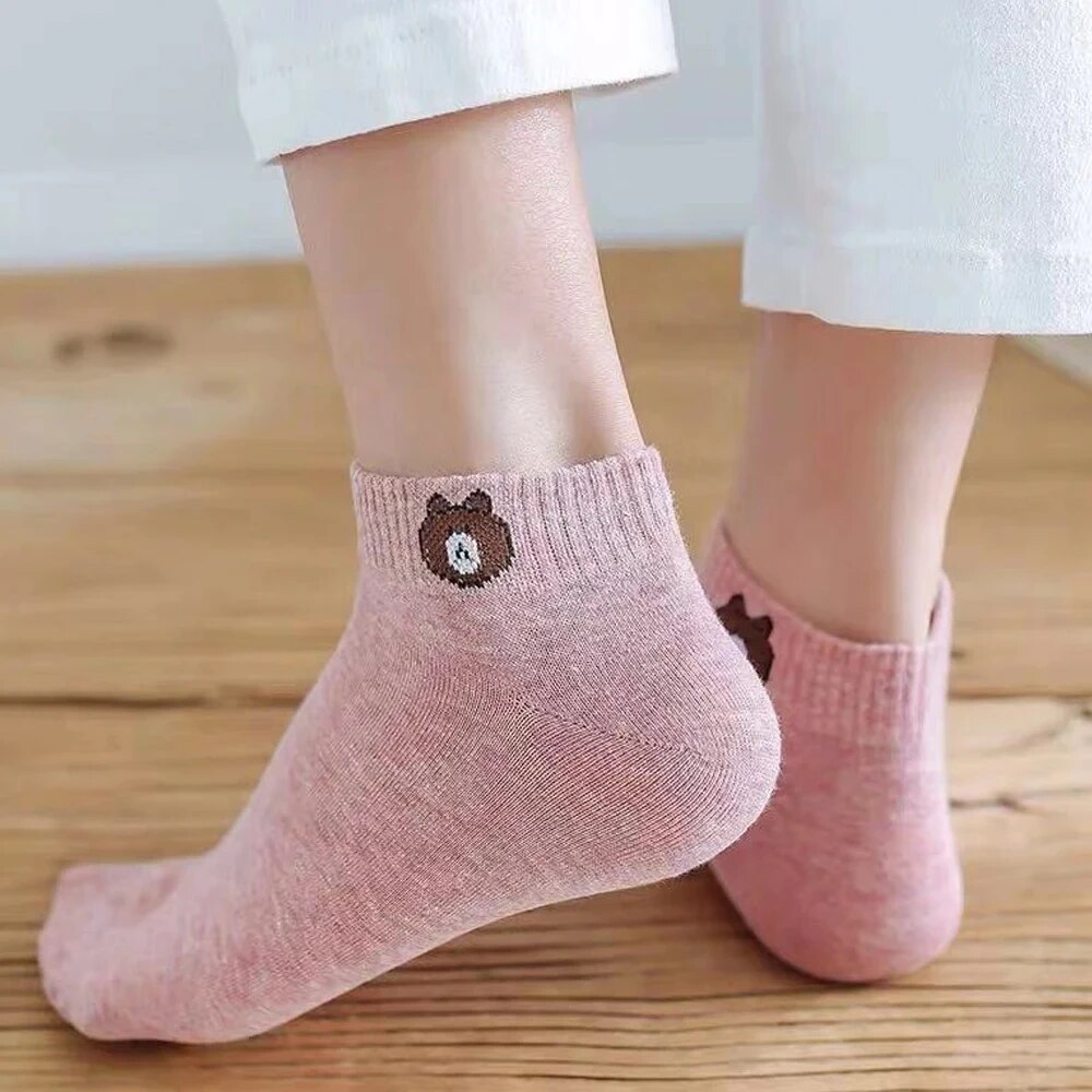 10 Pairs Women Low Tube Socks Set Cute Bear Pattern Fashion Breathable For Female Casual Style Comfortable Socks