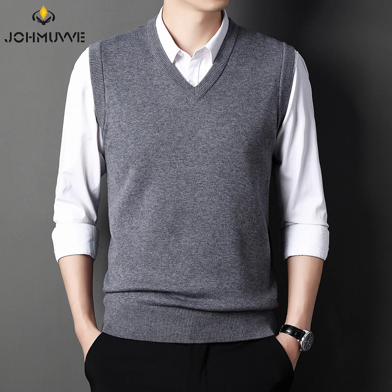 JOHMUVVE Men Vneck Vest Trend Retro Solid Color Allmatch Casual Business Work Woolen Knit Autumn 250107