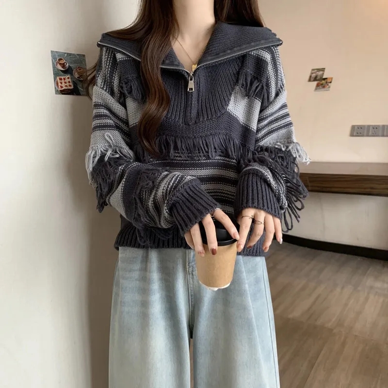 New Women's 2023 Autumn/Winter Elegant High Collar Stripe Tassel Ladies Knitted Pullover Loose Temperament Femme Sweater