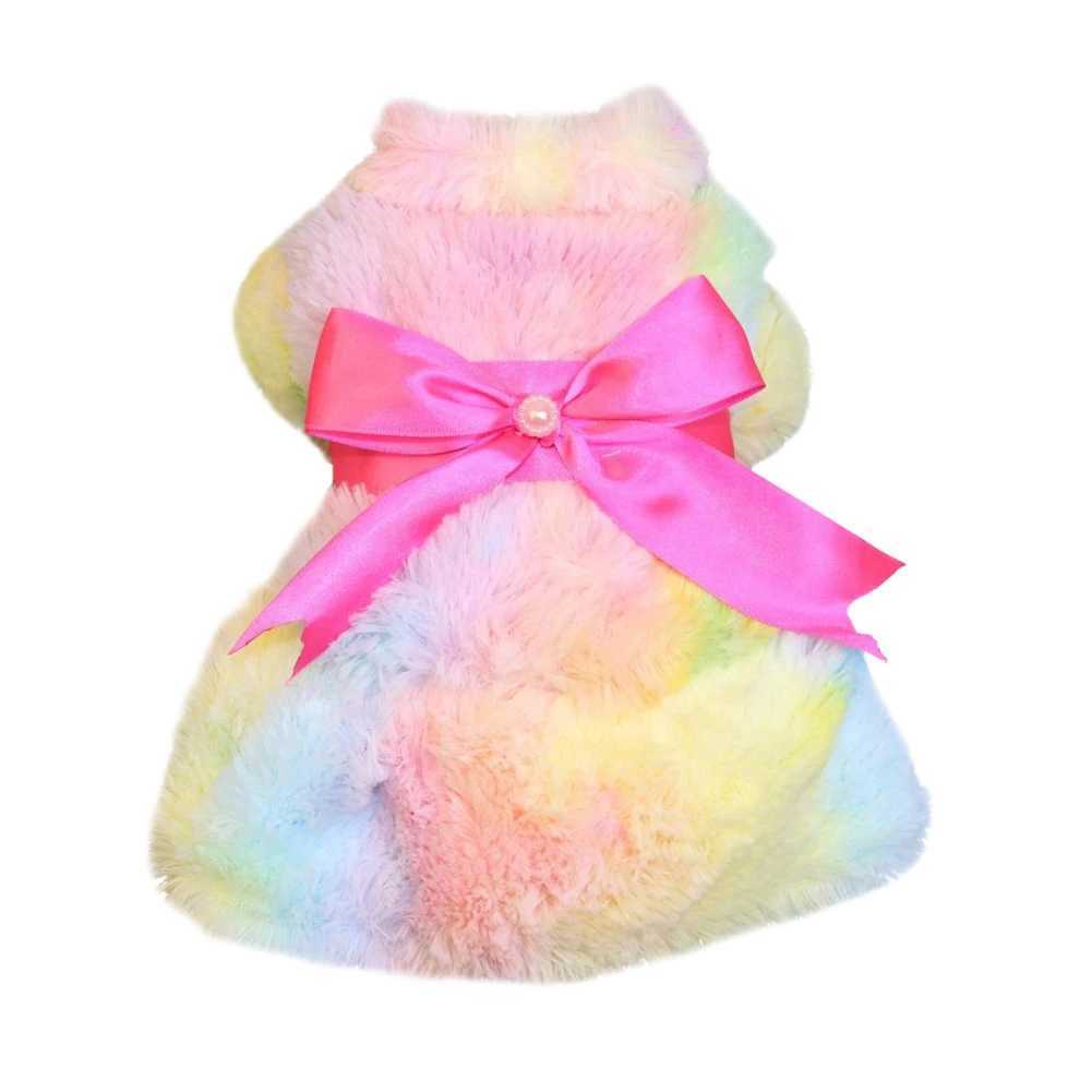 Pet Dog Fluffy Pink Bowknot Skirt Plush Coat Color Coral Fleece Dresses Winter Pet Color Gradient Dress for Small Dog Cat JacketXJ250109