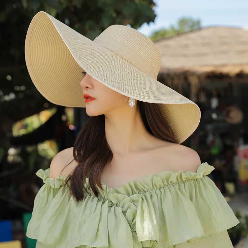 15CM wide brown beach straw hat used for simple folding summer sun hats stylish flat Br bow knot UV protection Panama X250109