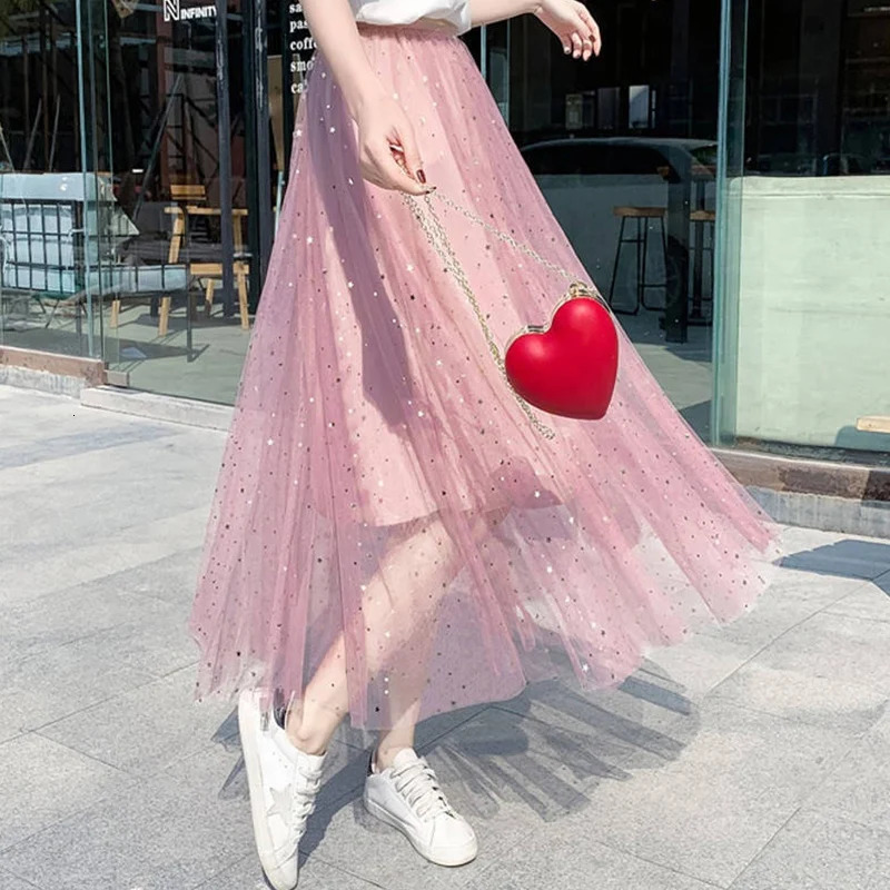 Spring Summer High Waist Elegant Sequins Mesh Skirt Ladies Temperament Allmatch Fairy Ankle Length Aline Skirts Female Clothes 250106