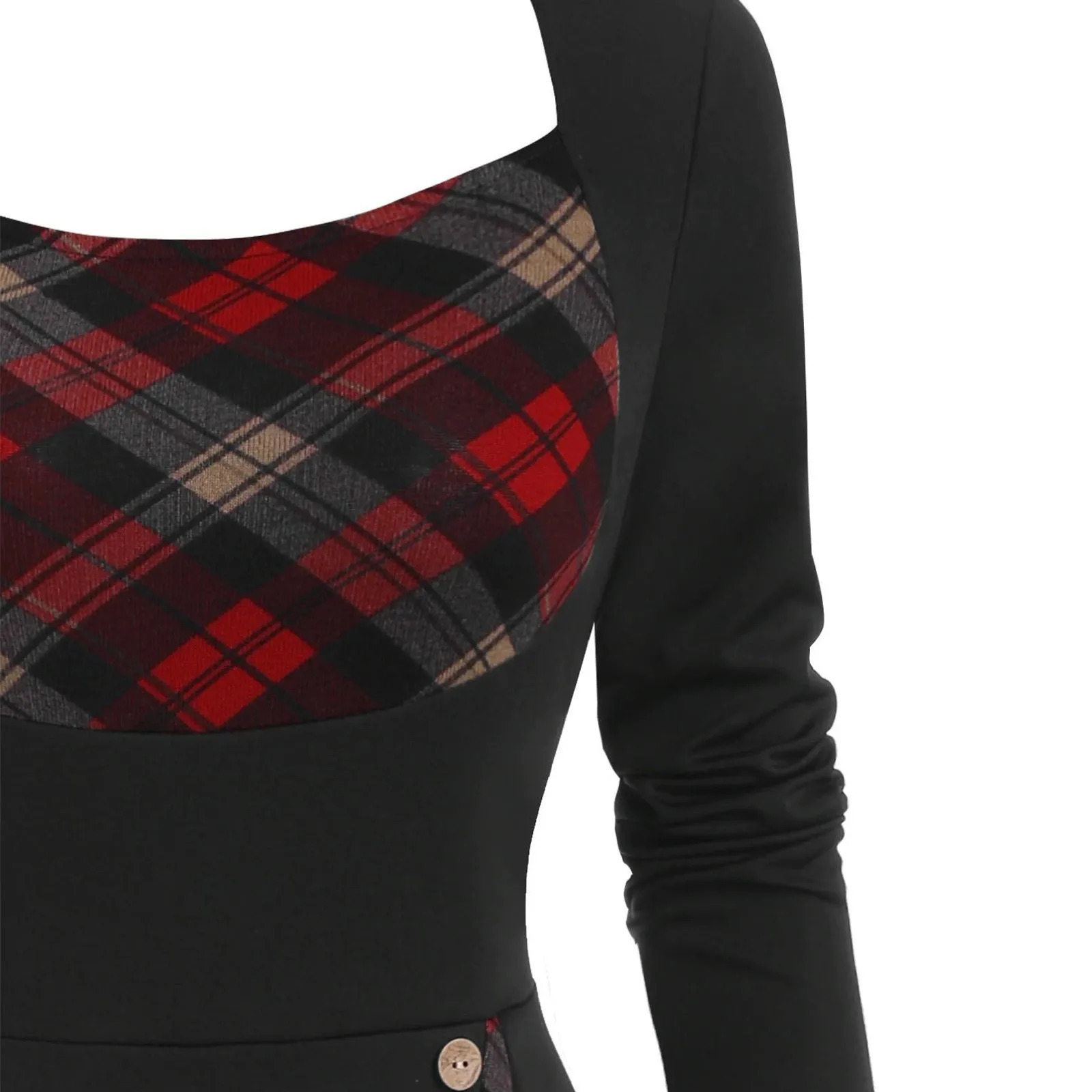 Womens Dress Dresses Vintage Round Neck Plaid Patchwork Mock Button Long Sleeve Cocktail 250106