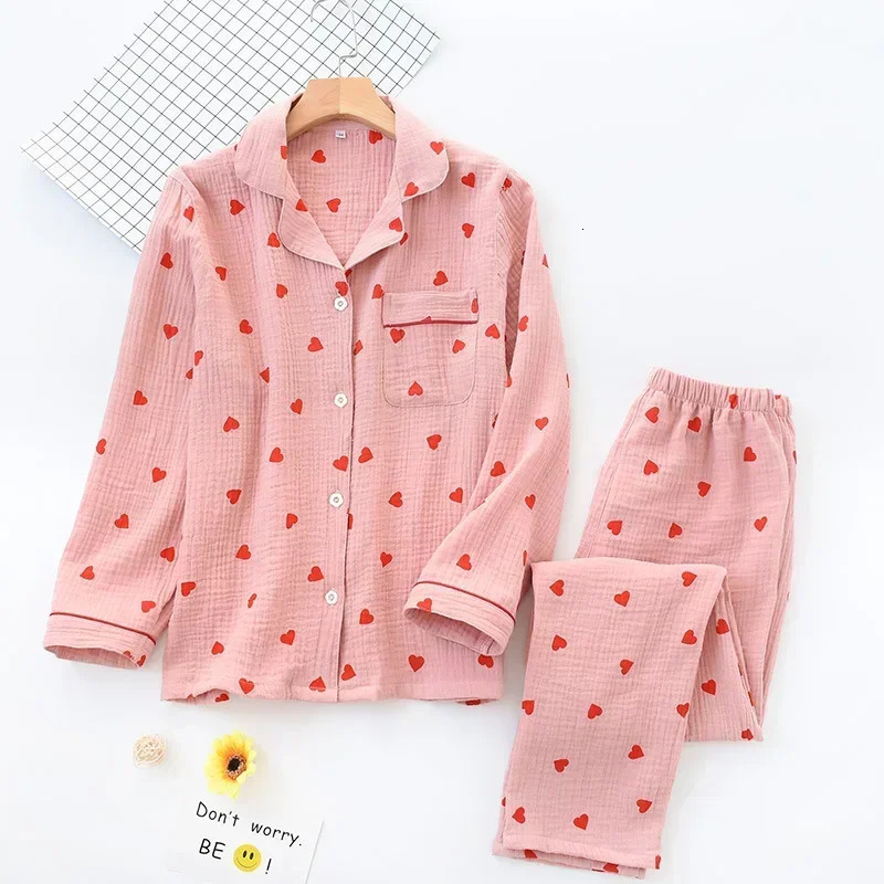 Smal Heart Printing Pink White Colors Women Trousers Pajama Set Cotton Sleepwear Clothes for Spring and Autumn Home Clothing 250106
