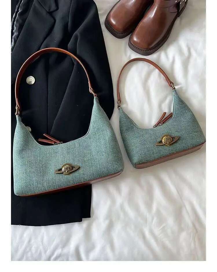 2024 Chic Stray Planet Denim Pop Single Item Underarm Dee Retro Shoulder Bag Tote