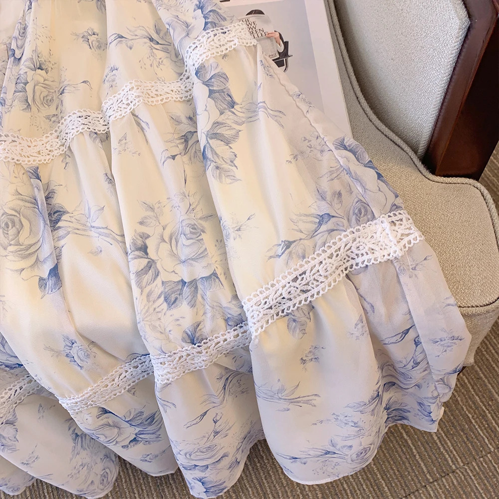 Summer French casual print dress Lace embellished chiffon fabric loose comfortable puffy sleeve party plus size 250106