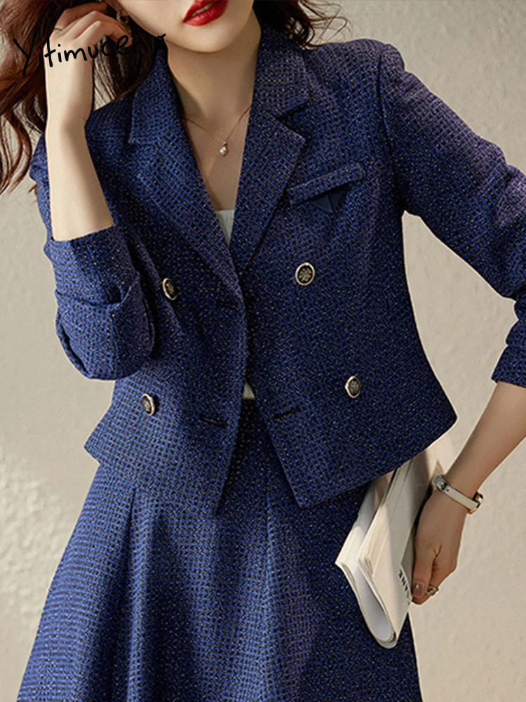 Yitimuceng Fashion Office Women Half Skirt Two Piece Set Long Sleeve Slim Fit Double Breasted 250106