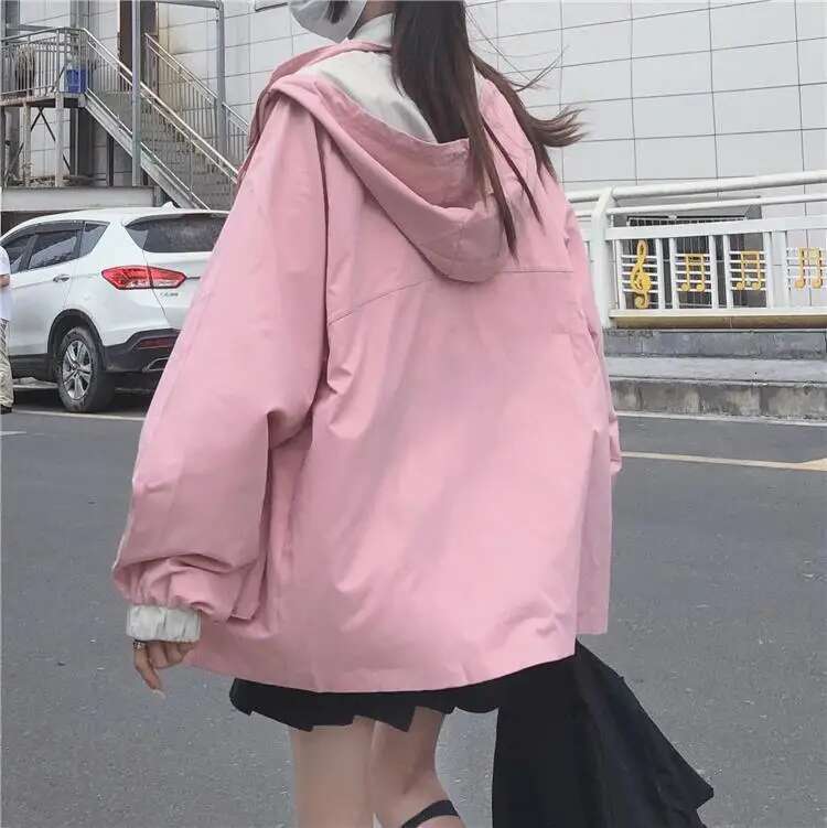 Women's Wear Kawaii Jacket For Women Autumn Pink Preppy Style Oversized Hooded Coat Korean Fashion Casual Outwear Girls