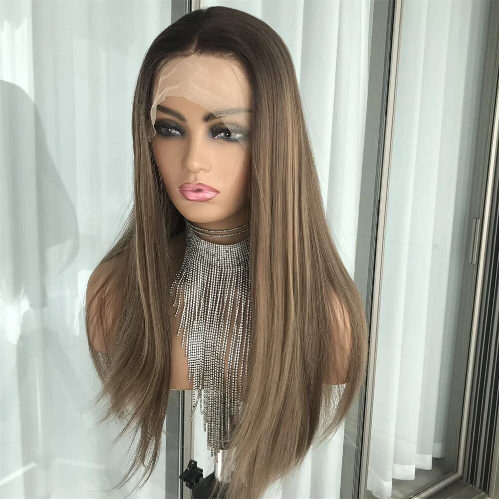 13X4 Front Wig Straight Synthetic Lace Wigs For Women Brown Color Pre Plucked 18Inches Heat Resistant Fiber Hair