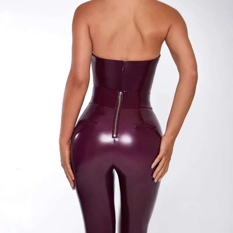 High-End Sexy PU Leather Jumpsuit Women Tight Sets Party Solid V-Neck Sleeveless Backless Bodysuit Zipper High Waist Pants
