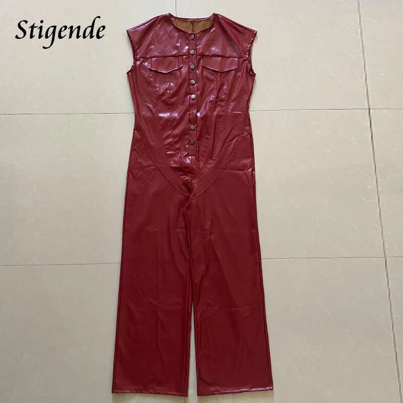 Stigende Women Button Up Wide Leg Pu Sleeveless Stretch Faux Leather Jumpsuit