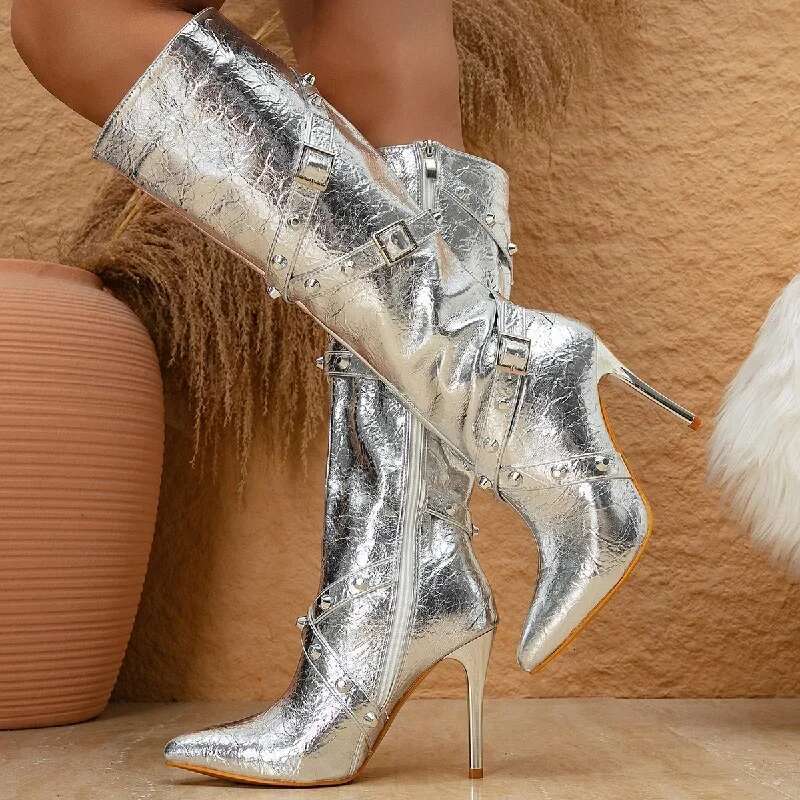 Eilyken Gold Sier Belt Buckle Rivet Pointed Toe Women Knee-High Boots Designer Thin High Heels Banquet Prom Shoes