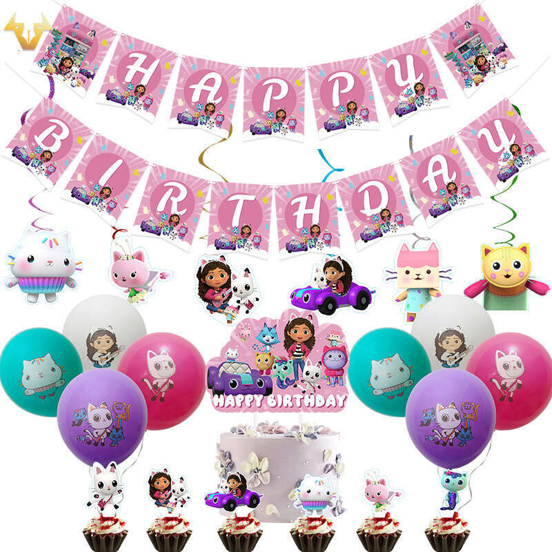 New Pink Gabby Dollhouse Party Cups, Paper Plates, Tissue Banners, Tablecloths, Balloons Decoration Set
