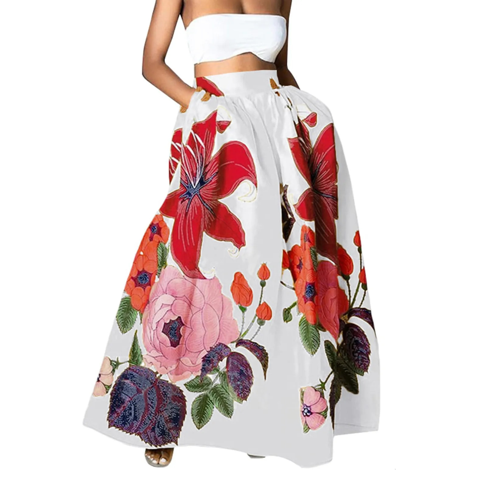 WomenS Fashion Floral Print Loose Half Skirt High Waist Beach Extra Long Dress Roupas Femininas Traf Women Ropa De Mujer 250106