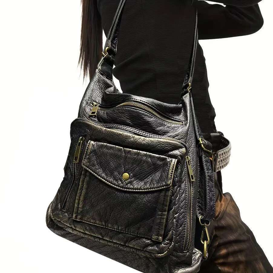 Ladies' Fashion Y2k Washed Vintage Hot Girl Motorcycle Tote Bag Multifunctional Backpack
