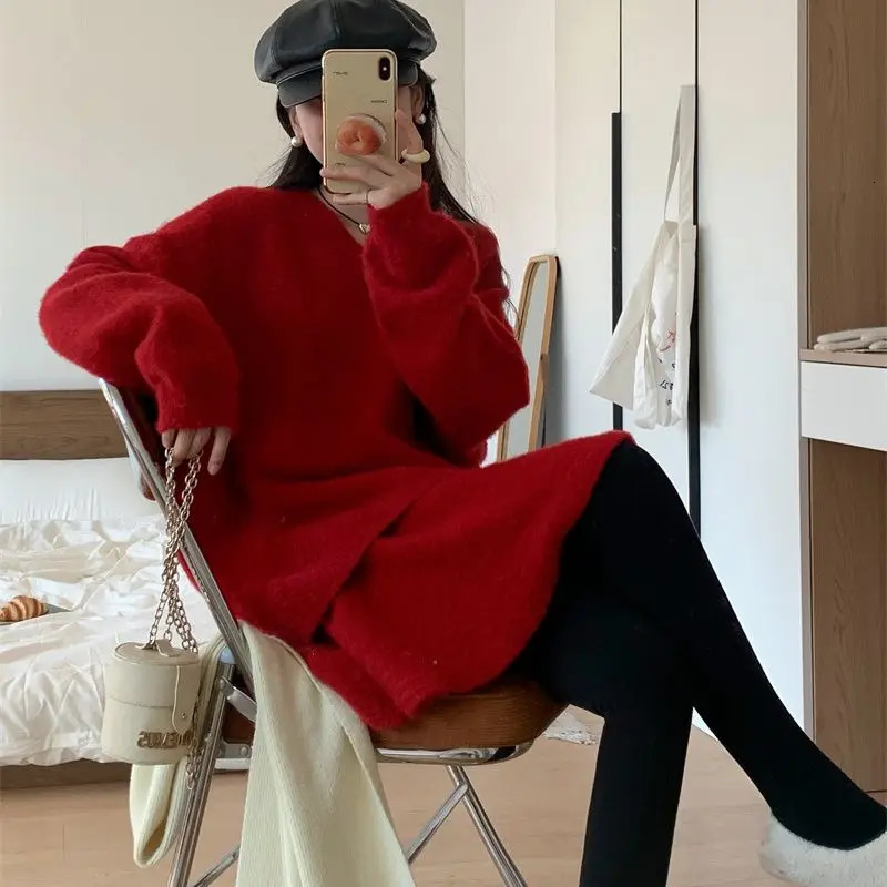 Womens Korean Retro Raccoon Velvet Sweater Casual Half Skirt Elegant 2Piece Set Spring and Autumn 250106