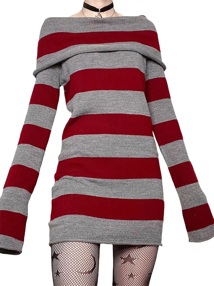 Women Autumn Dress Striped BoatNeck Long Sleeve Bodycon Short Y2K Gothic Wrapped Hip Party Dresses 250106