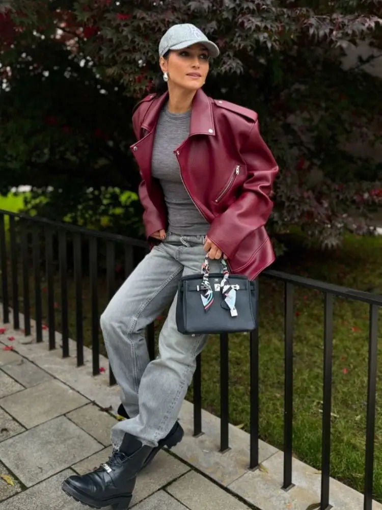 Vintage Wine Red Irregular Zipper Pu Leather Jacket For Women Fashion Lapel Buttons Long Sleeve Coat Female Street Outwear 250103