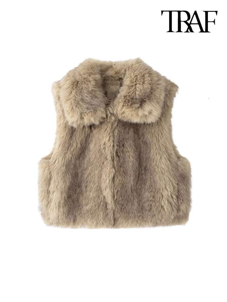 Traf-Women's Thick Warm Faux Fur Waistcoat, Sleeveless, Lapel Collar, Front Hook, Female Outerwear, Chic Vest Tops, Fashion