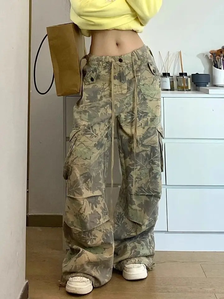 HOUZHOU Vintage Y2k Camouflage Cargo Pants Women Hip Hop Style Wide Leg Camo Pants Tie-dye Streetwear Grunge Aesthetic 90s Pants 250109