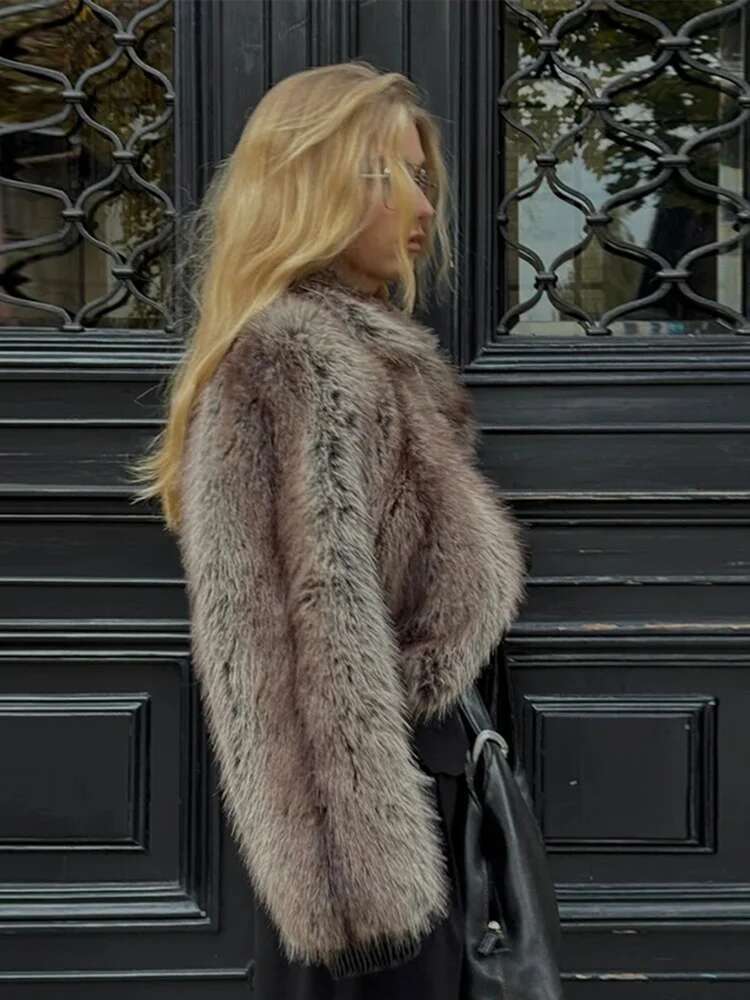 Patchwork Zipper Coat Leather Edge Contrast Color Fur Effect Jacket Maillard Women's Short Overcoat Winter Vintage Outwear