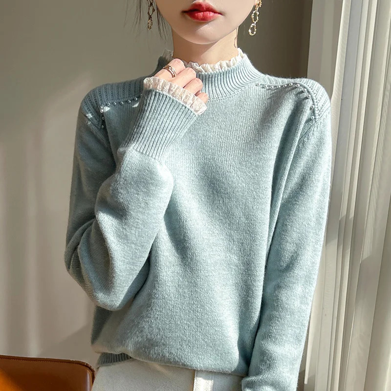 Women semi high neck sweater autumnwinter fine spun wool casual nail bead knitting Tops womens lace splicieng Blouse versatil 250108