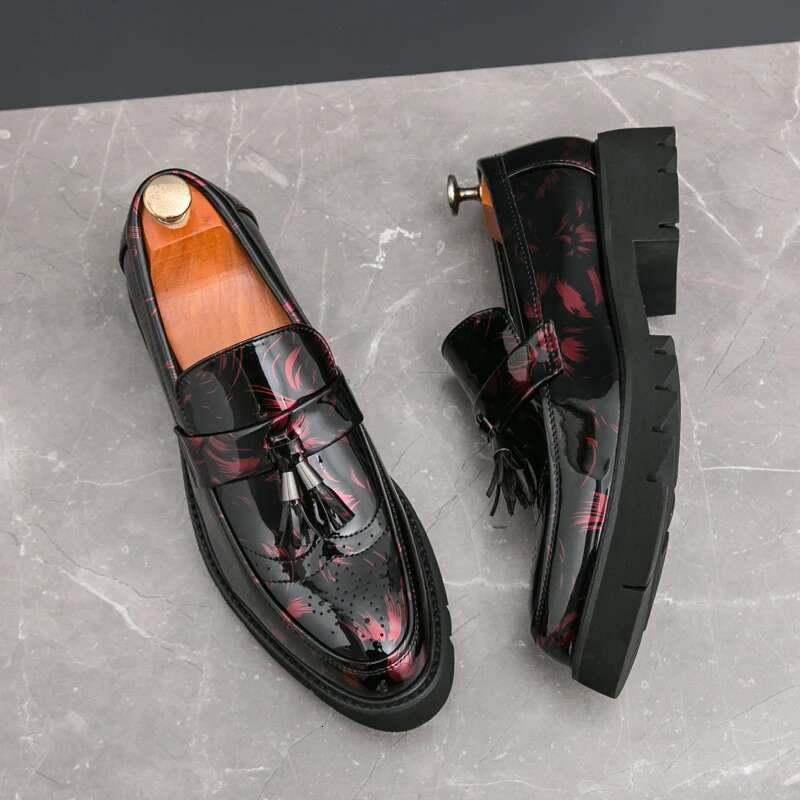 Patent Leather Tassle Slip On Loafers Brogue Chunky Sole 4Cm Casual Party Wedding Shoes For Men Free Shipping