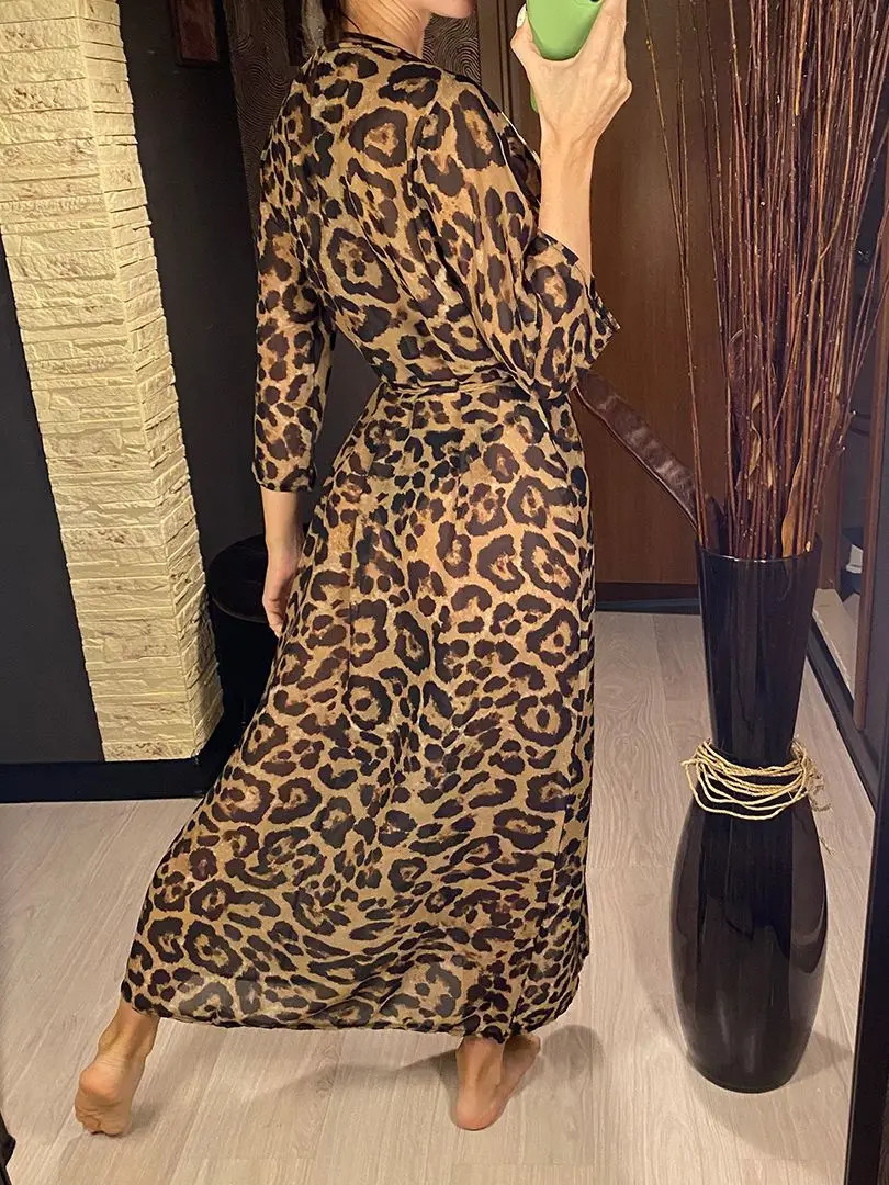 Sexy Leopard Printed Beach Cover Up Chiffon Coverups Swimwear Wear Summer Beachwear Female Women Long Dress V3219 250108