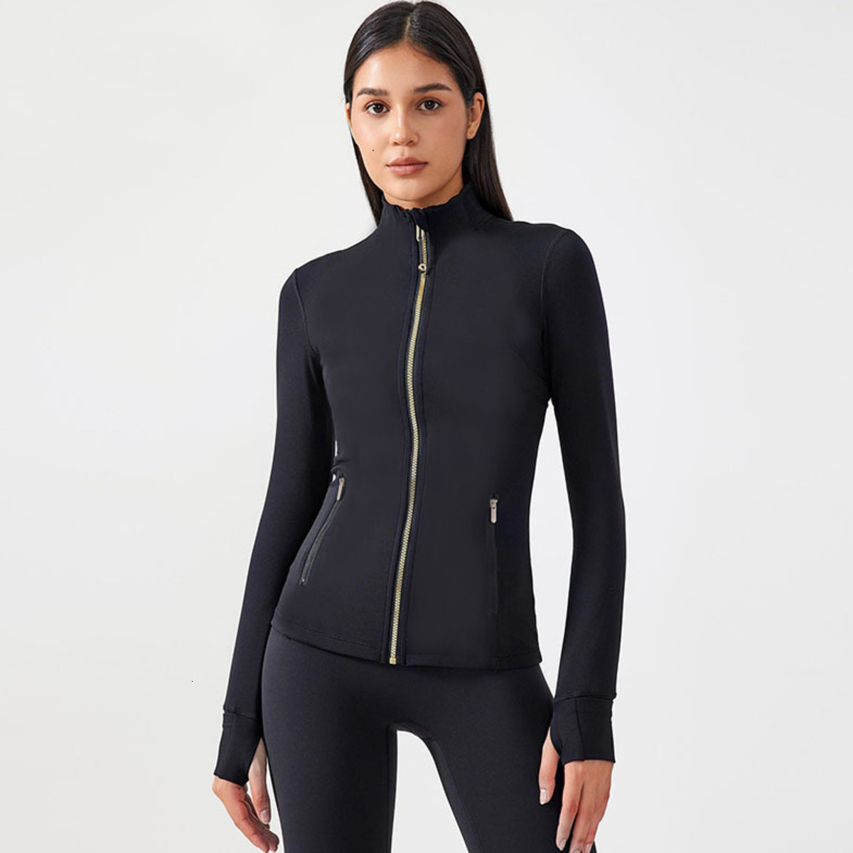 Gold Zipper Yoga Jacket Stand Up Collar Yogo Clothes Stretch Long-Sleeve Thumb Hole Training Running Sweateshirt Women Slim Fitness Coat Sports Outfits