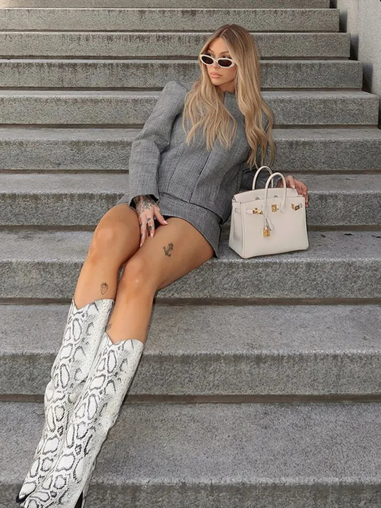 Elegant Gray Coat Mini Skirt Sets Women Slim Long Sleeve Oneck Singlebreasted Button Coats Aline Skirts Two Piece Set 250106