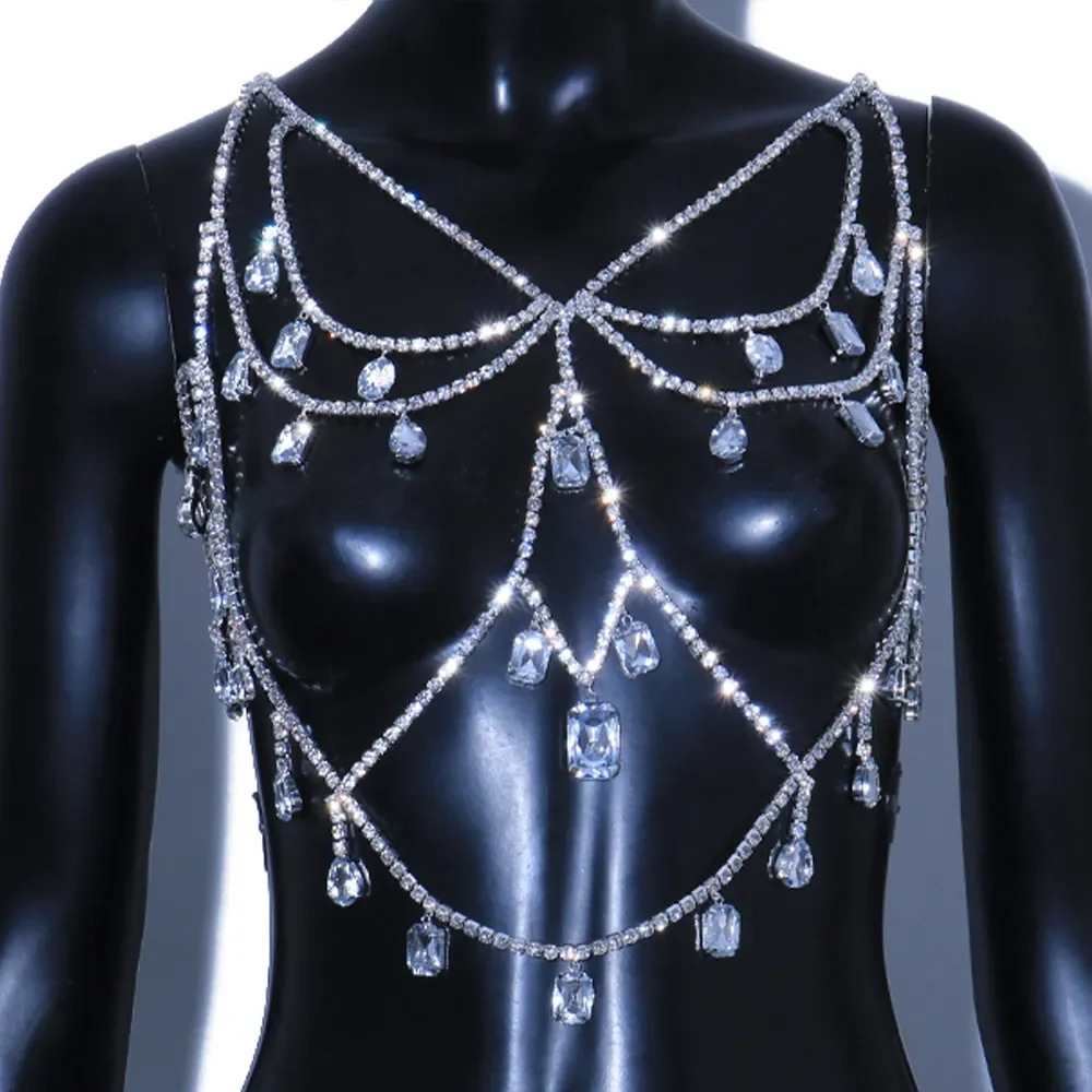 XSBODY Charm Exaggerated Big Crystal Lingerie Chest Chain Water Drop Gem Rhinestone Bra Vest Chain Ladies Clubwear Jewelry 250107