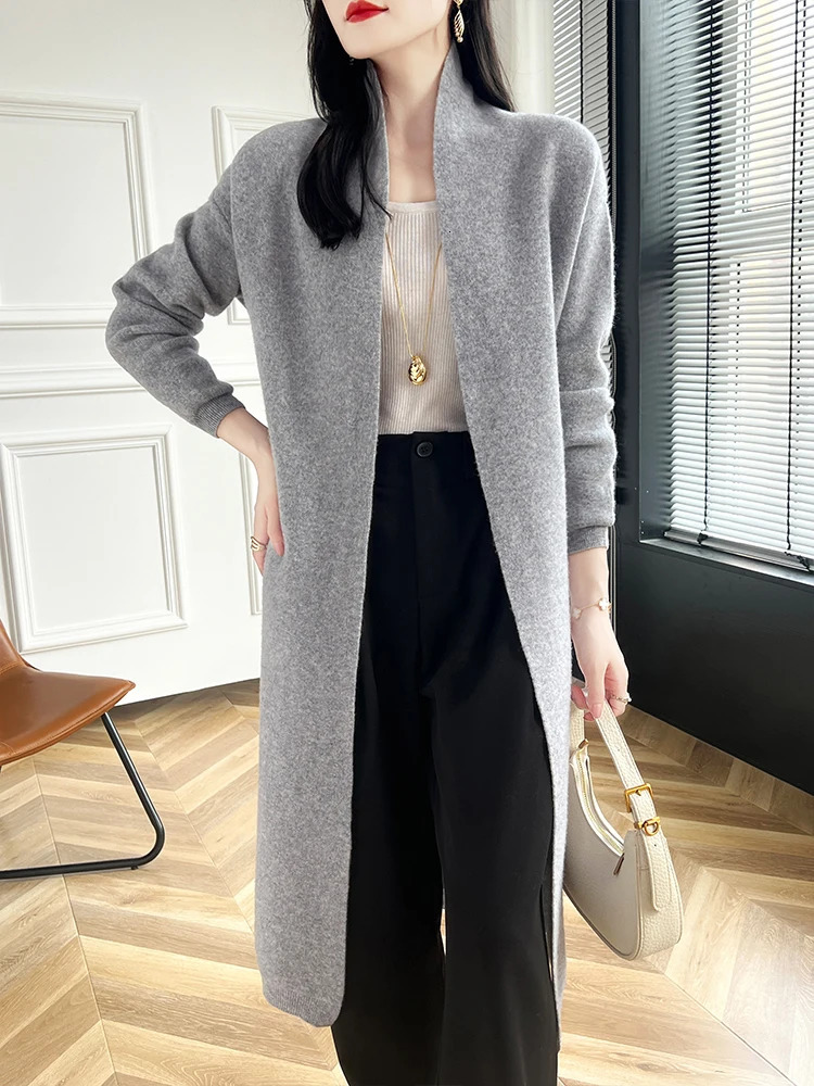 Women Long Cardigan Cashmere Sweater Spring Autumn Winter Office Lady Loose Coat 100% Merino Wool Knitwear Korean Fashion 250106