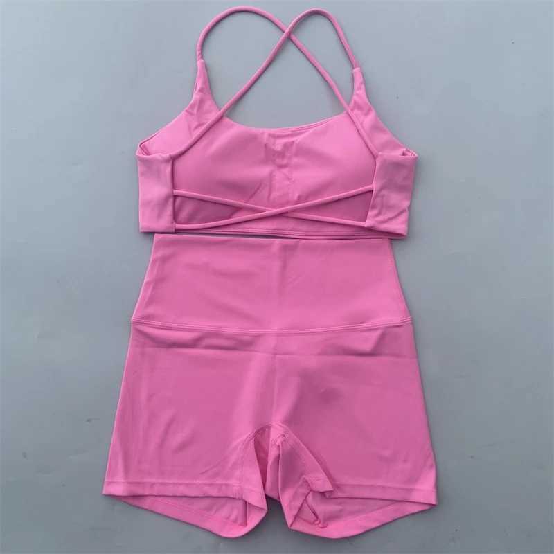 Yoga Shorts Set Gym Two Piece Sports Set Women Workout Outfit Fitness Suit Cross Straps Bra High Waist Shorts Running TracksuitXJ250109