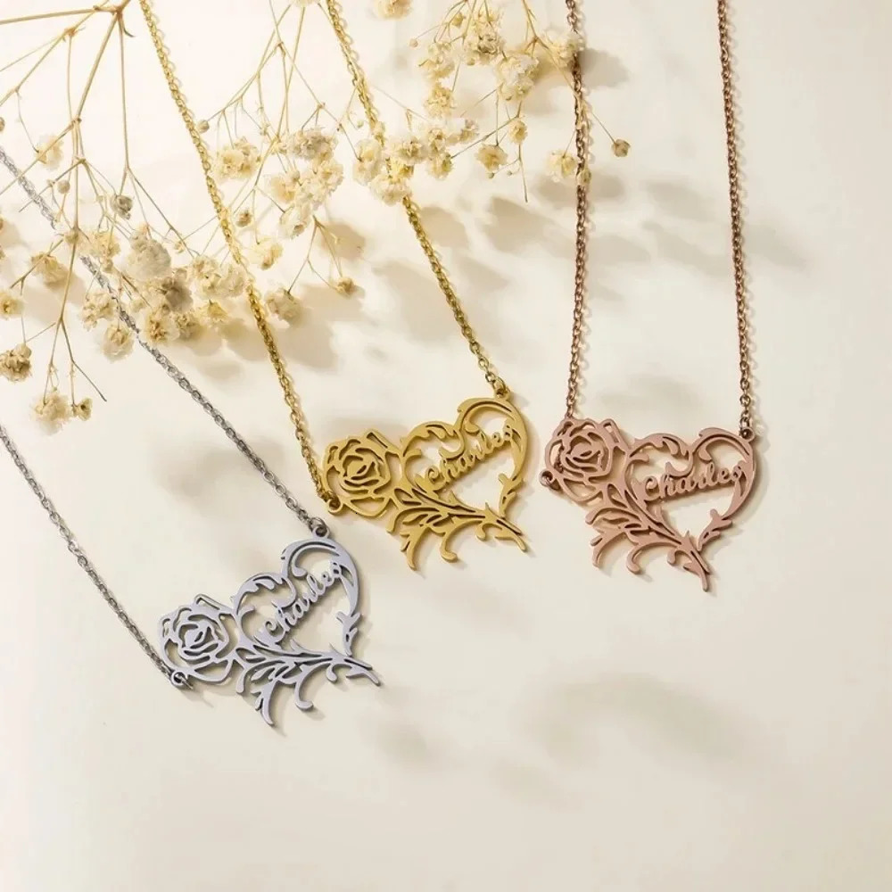 Custom Name Love Heart Rose Necklaces for Women Stainless Steel Jewelry Personalized Letter Pendant Choker Valentines Day Gifts 250109