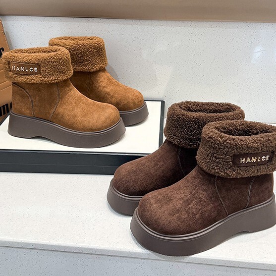 Mango Head Western style Snow Cotton Women's 2024 Trendy Small Height Increase Thick Bottom Flip Fur Mouth with Velvet Thick Cotton Shoes