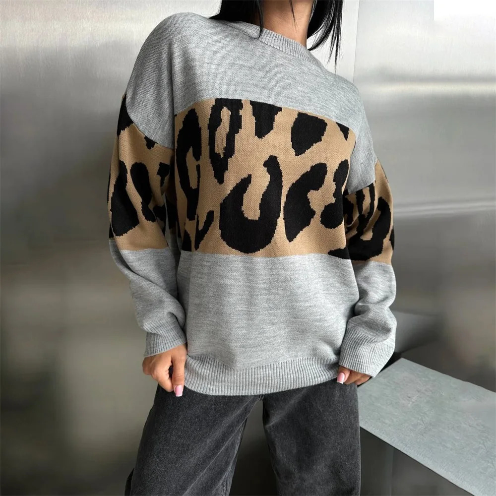 Autumn Winter Vintage Leopard Print Womens Sweater Loose Causal Oversized Knitwear Women Fashion Oneck Female Clothing 250108