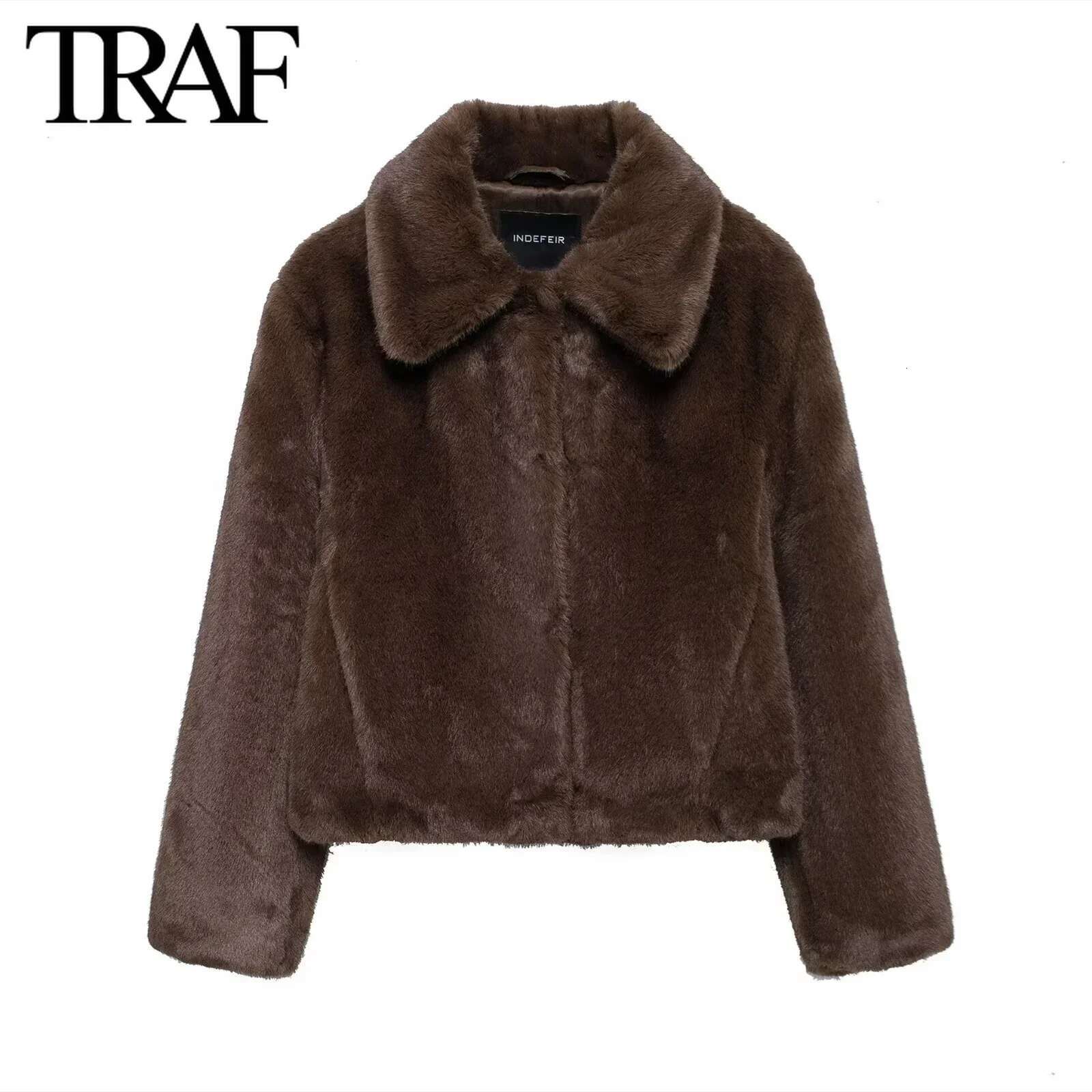TRAF Faux Jacket For Women Fashion 2024 Winter New Artificial Fur Effect Lapel Long Sleeved Short Coats Chic Ladies Top